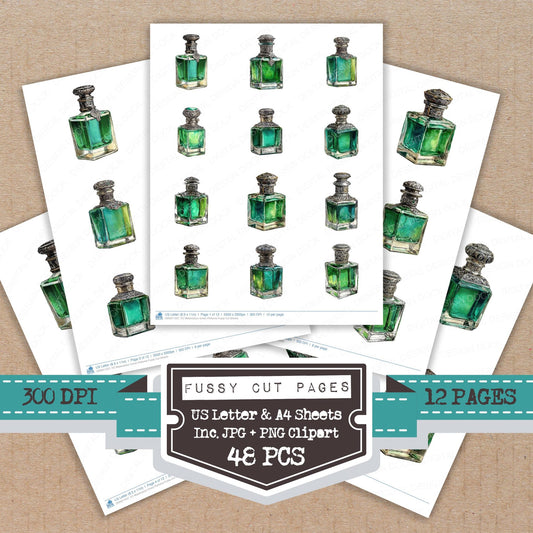 Watercolour Green Perfume fussy cut printable sheets for junk journaling, scrapbooking, and paper craft projects