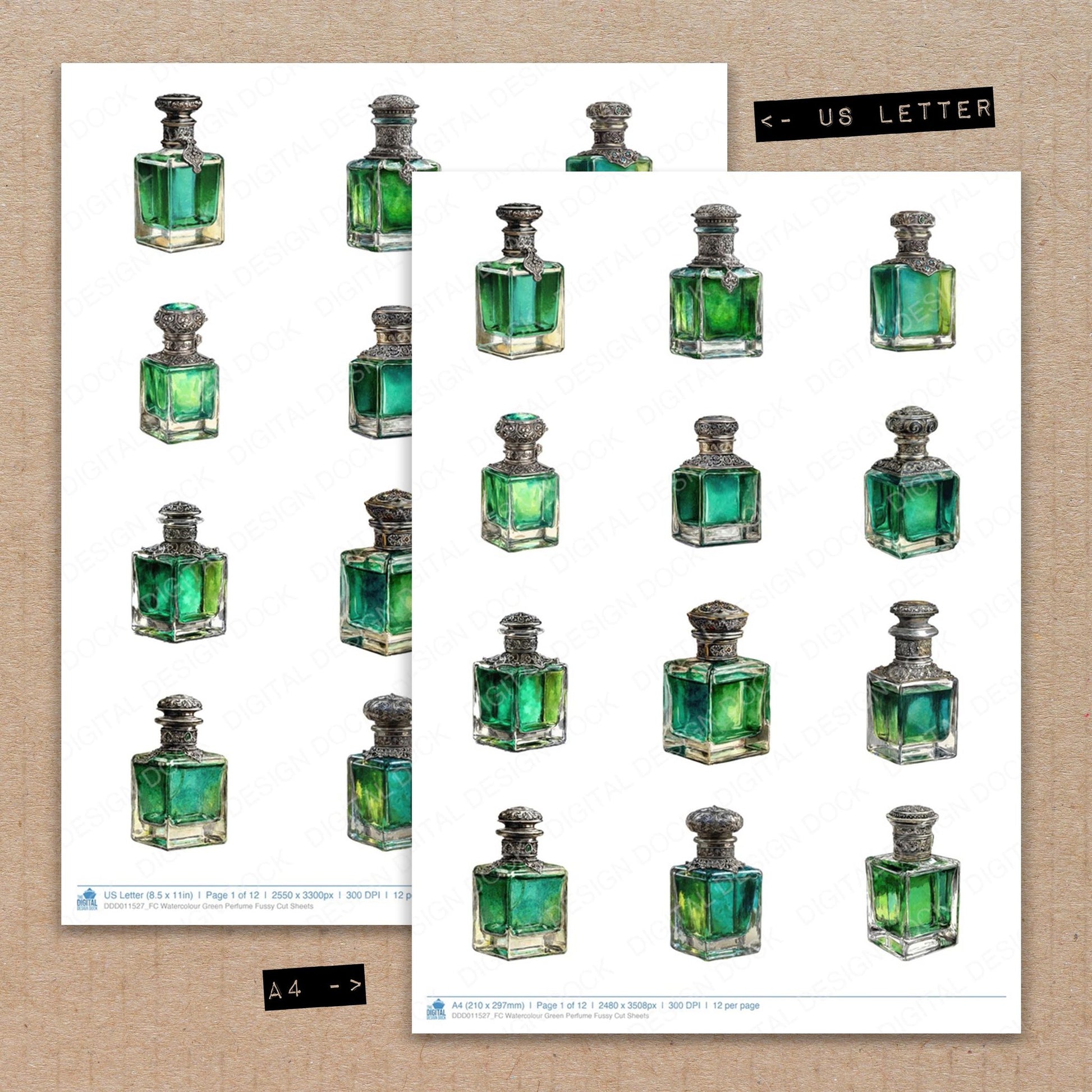 A4 and US Letter format comparison showing Watercolour Green Perfume fussy cut pages for print and cut crafting