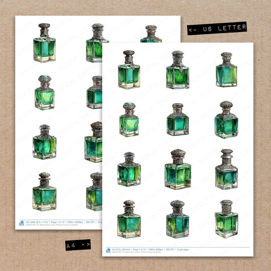 A4 and US Letter format comparison showing Watercolour Green Perfume fussy cut pages for print and cut crafting