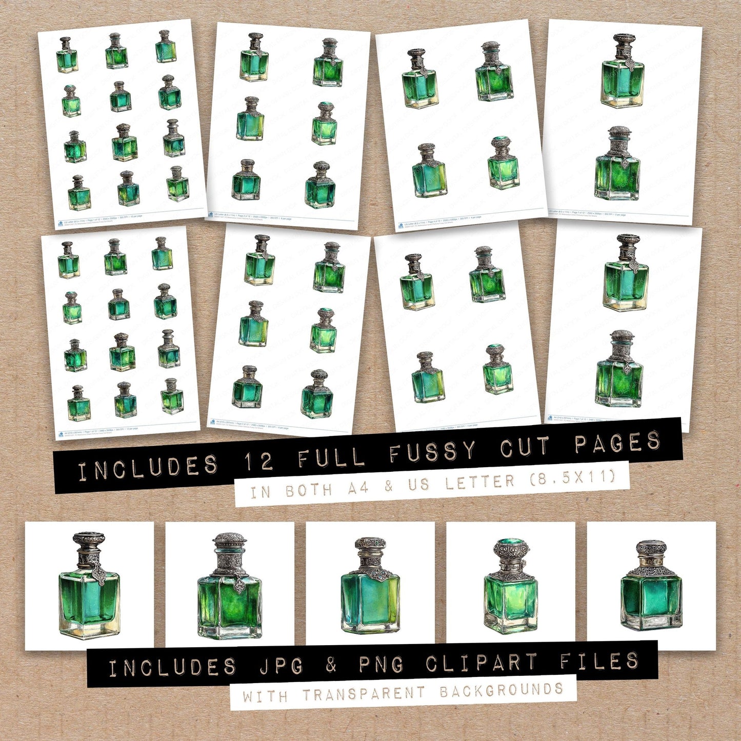 Full collection view of Watercolour Green Perfume fussy cut sheets with bonus clipart JPG and PNG files