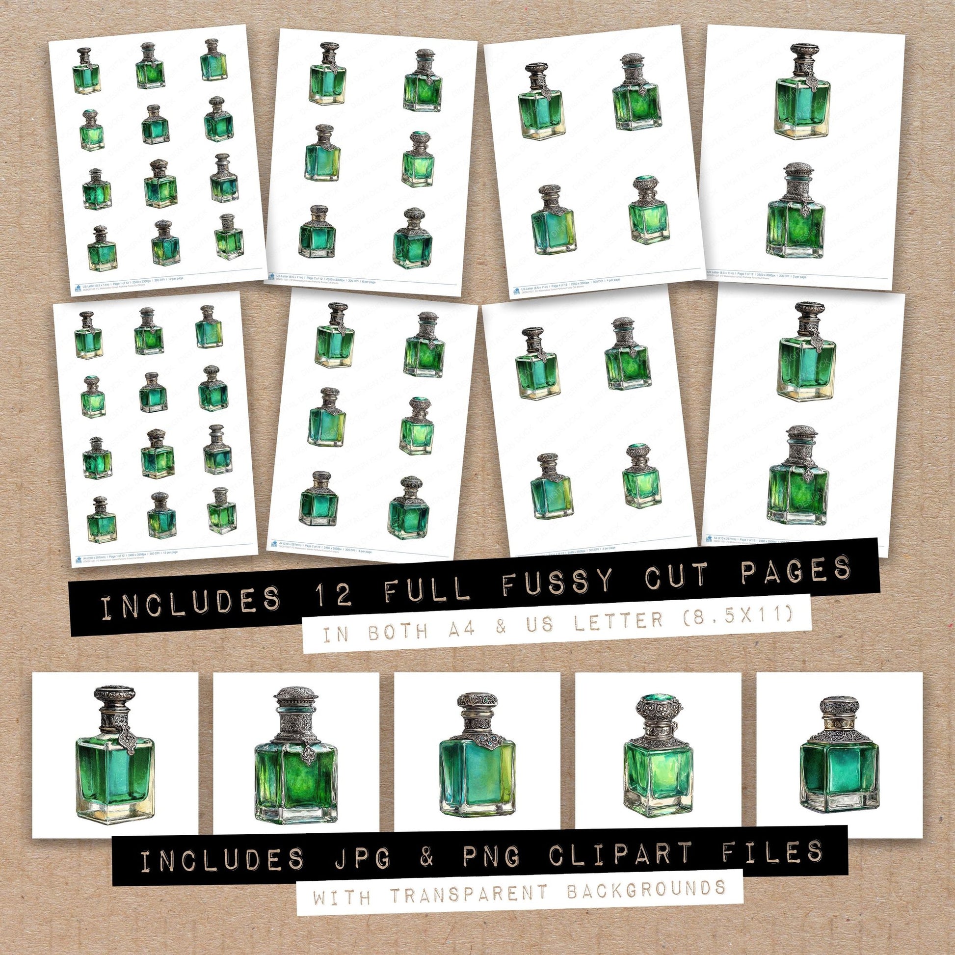 Full collection view of Watercolour Green Perfume fussy cut sheets with bonus clipart JPG and PNG files
