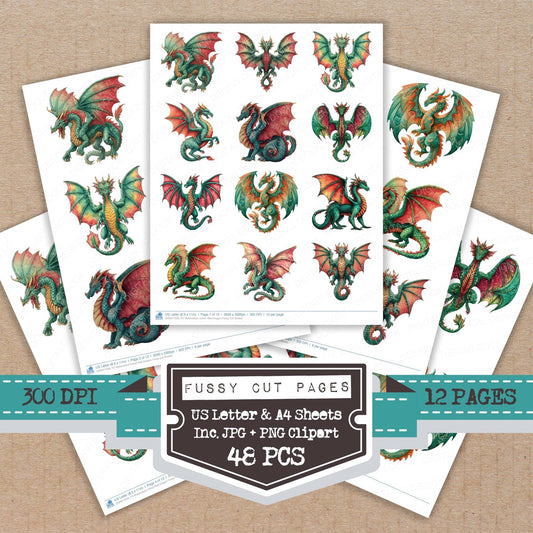 Watercolour Green Red Dragon Fussy Cut Sheets (DDD011528)