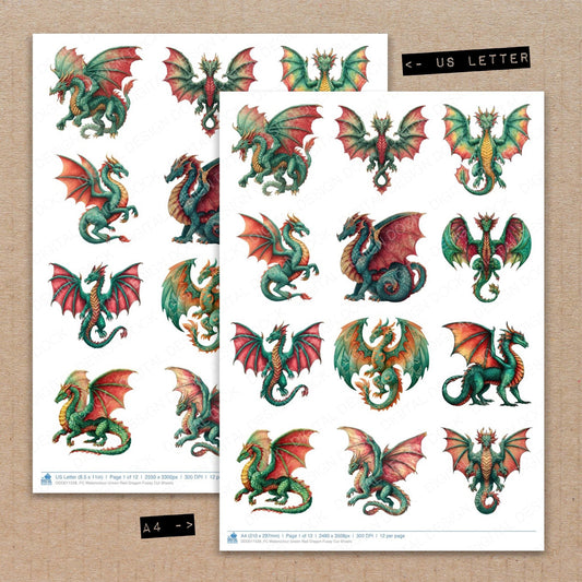 Watercolour Green Red Dragon Fussy Cut Sheets (DDD011528)