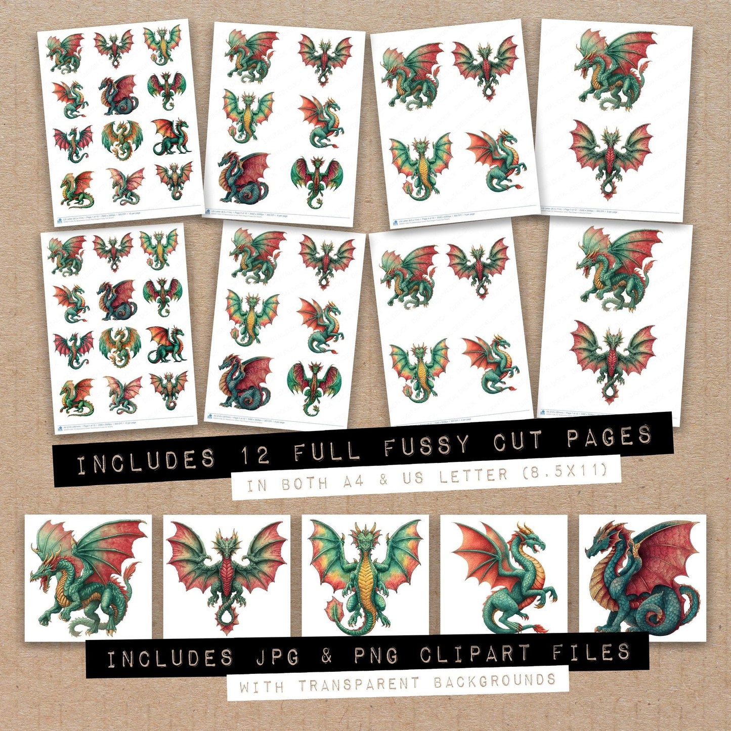 Watercolour Green Red Dragon Fussy Cut Sheets (DDD011528)