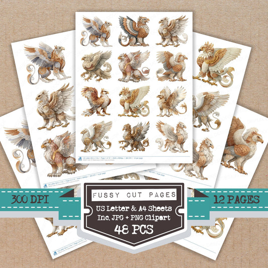 Watercolour Griffin fussy cut printable sheets for junk journaling, scrapbooking, and paper craft projects