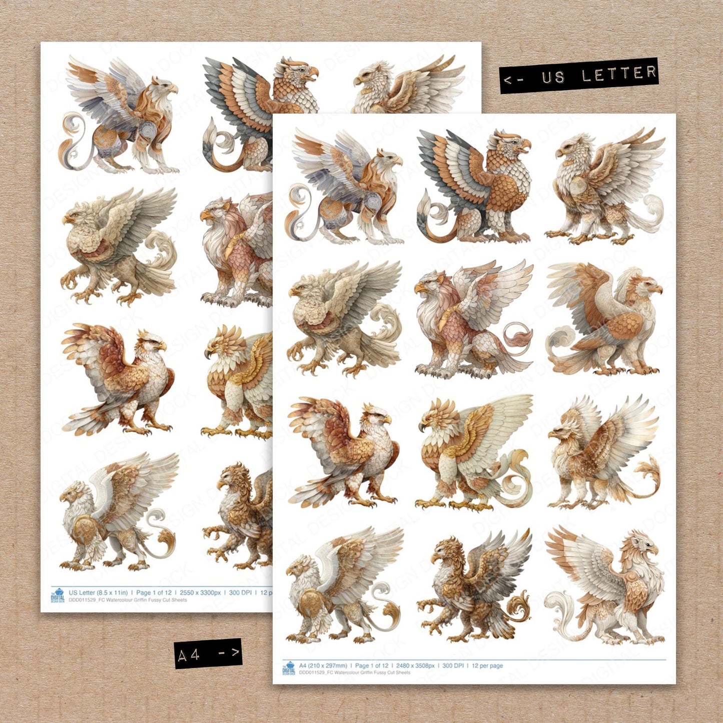 A4 and US Letter format comparison showing Watercolour Griffin fussy cut pages for print and cut crafting