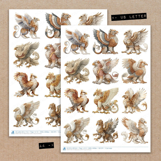 A4 and US Letter format comparison showing Watercolour Griffin fussy cut pages for print and cut crafting