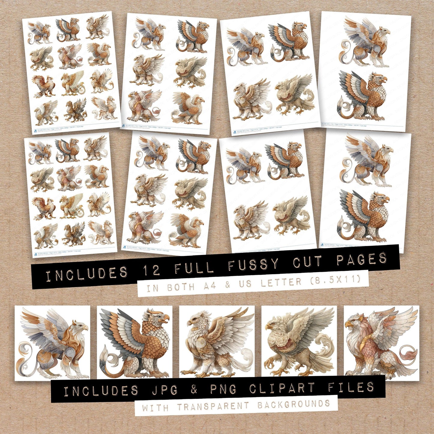 Full collection view of Watercolour Griffin fussy cut sheets with bonus clipart JPG and PNG files