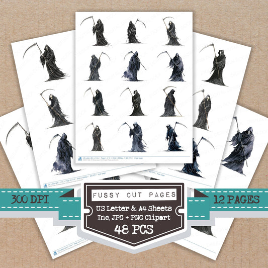 Watercolour Grim Reaper fussy cut printable sheets for junk journaling, scrapbooking, and paper craft projects