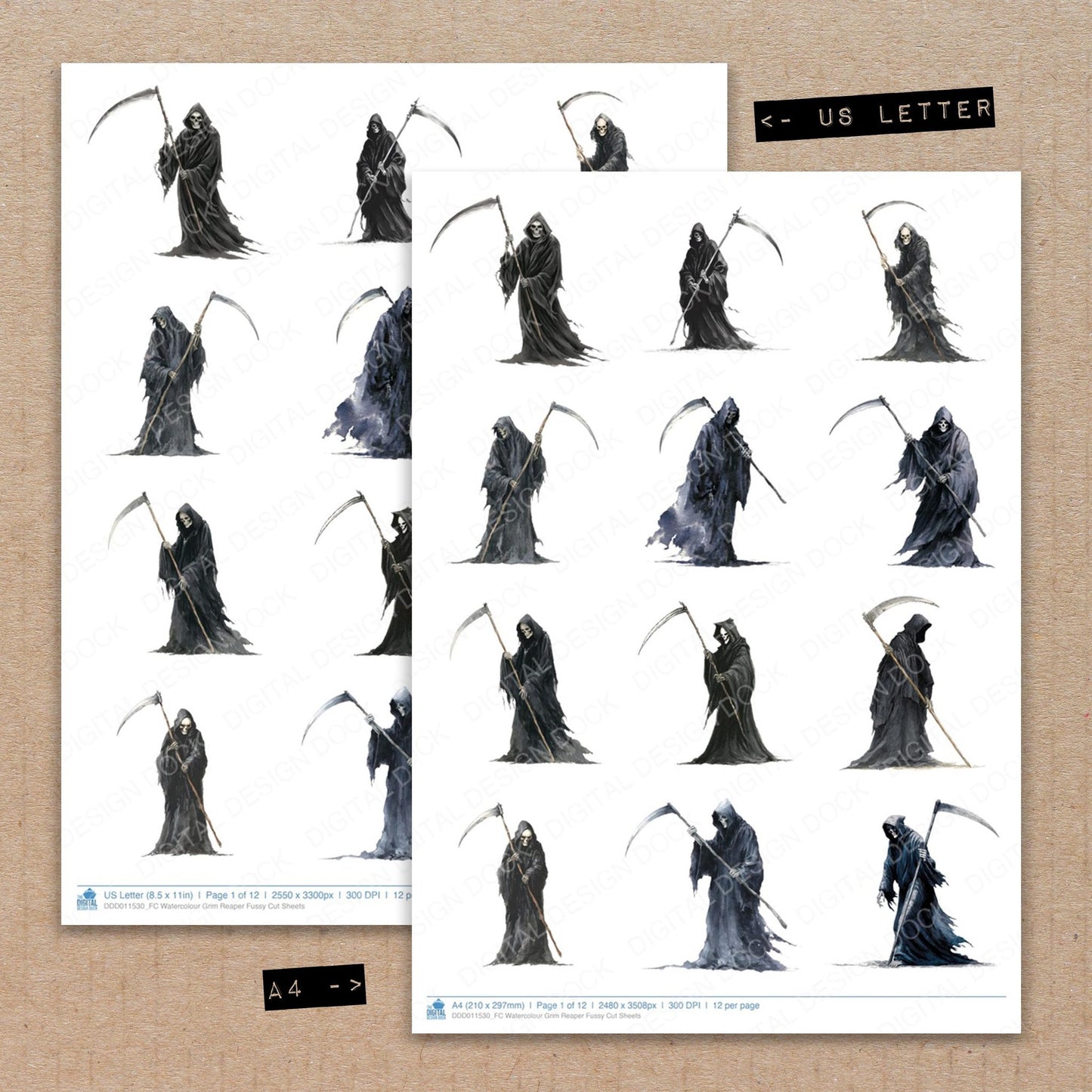 A4 and US Letter format comparison showing Watercolour Grim Reaper fussy cut pages for print and cut crafting