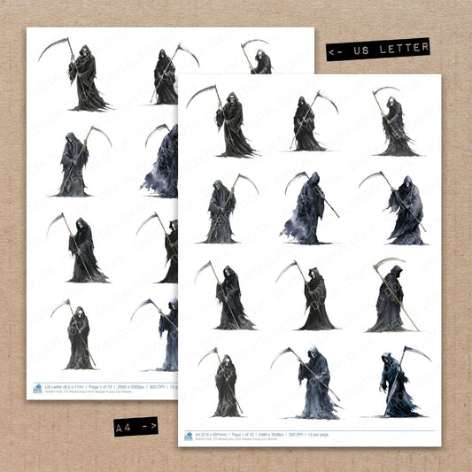 A4 and US Letter format comparison showing Watercolour Grim Reaper fussy cut pages for print and cut crafting
