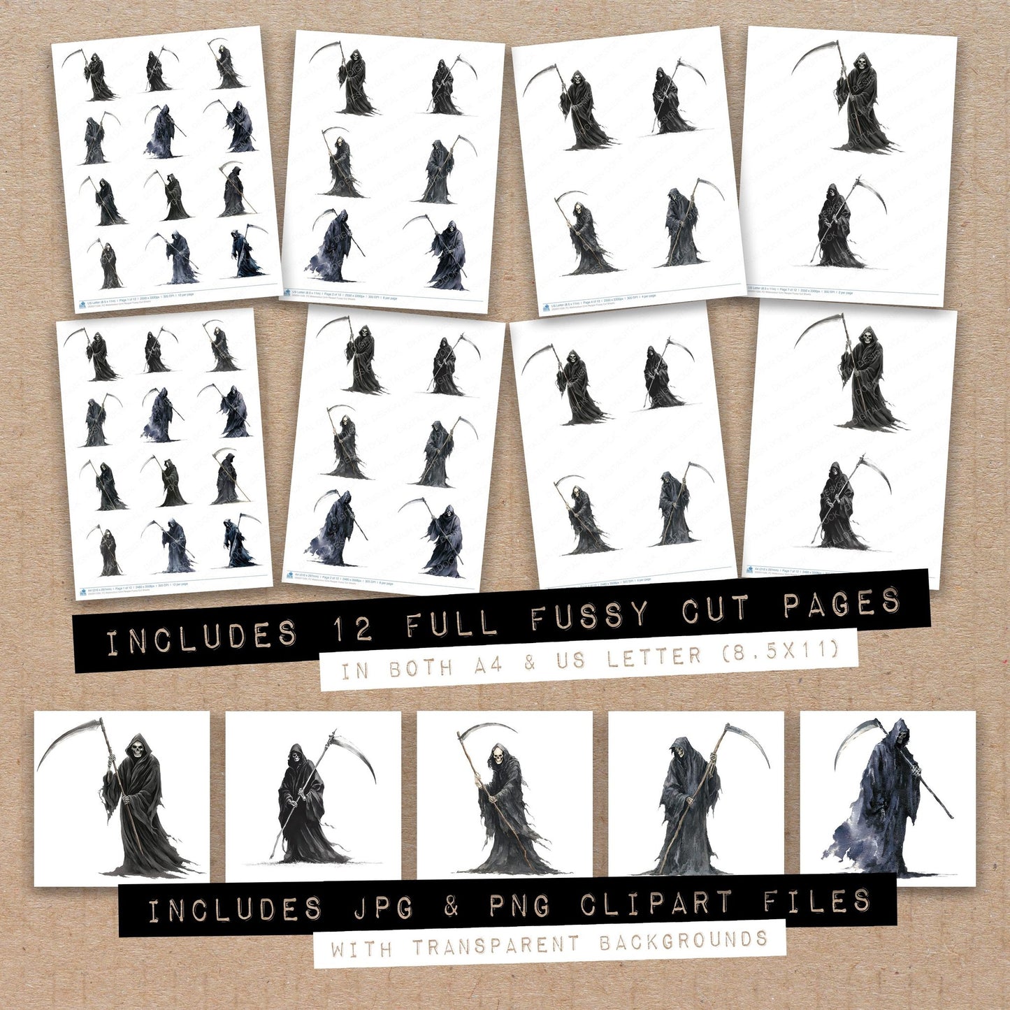 Full collection view of Watercolour Grim Reaper fussy cut sheets with bonus clipart JPG and PNG files