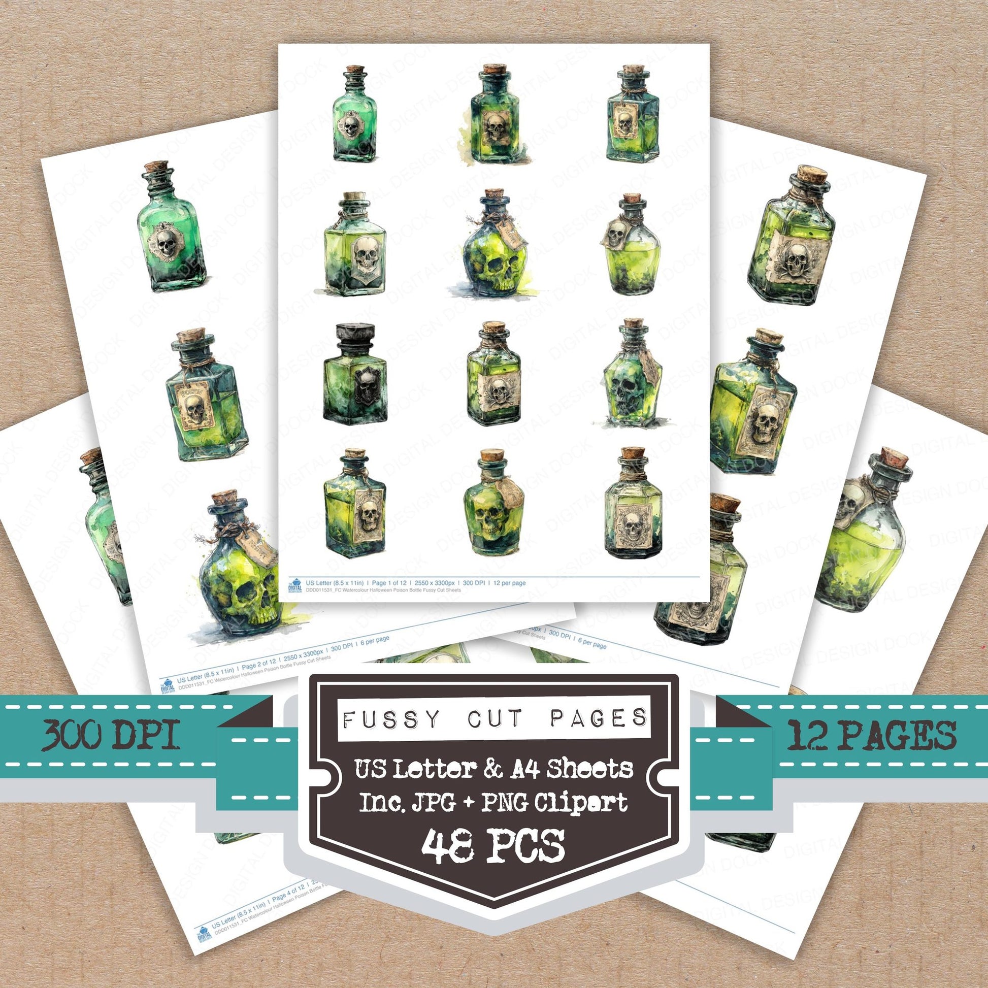 Watercolour Halloween Poison Bottle fussy cut printable sheets for junk journaling, scrapbooking, and paper craft projects