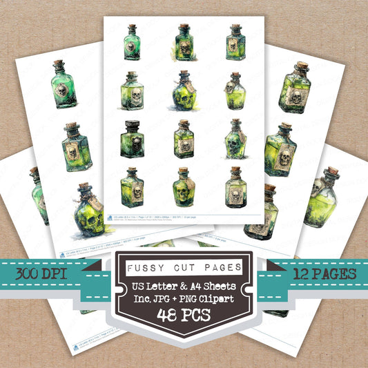 Watercolour Halloween Poison Bottle fussy cut printable sheets for junk journaling, scrapbooking, and paper craft projects