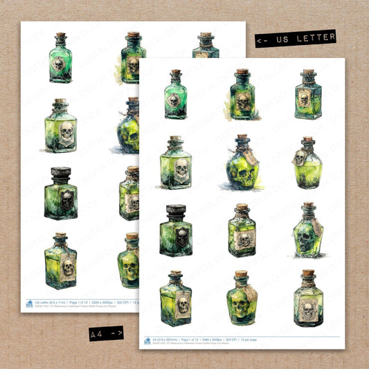 A4 and US Letter format comparison showing Watercolour Halloween Poison Bottle fussy cut pages for print and cut crafting