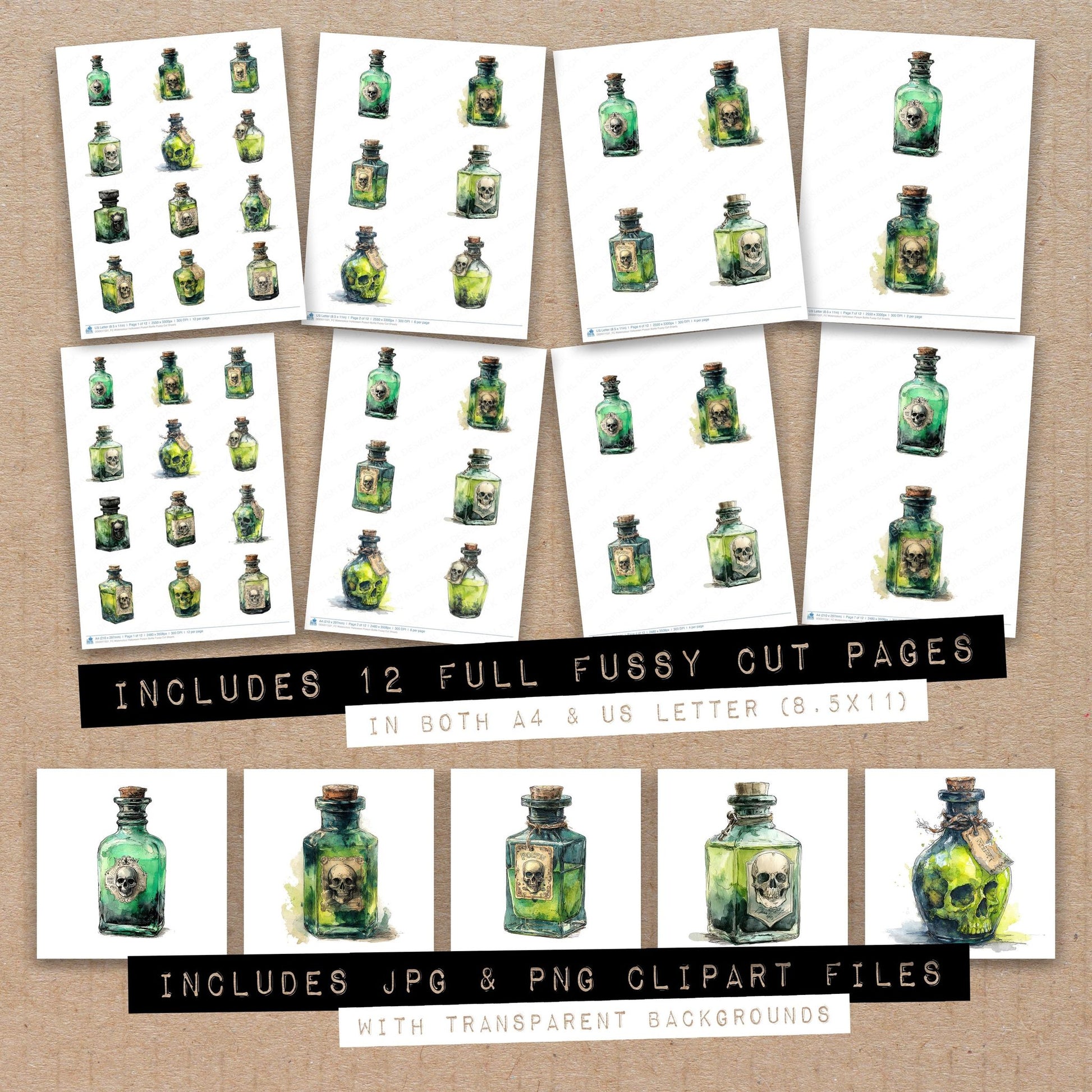 Full collection view of Watercolour Halloween Poison Bottle fussy cut sheets with bonus clipart JPG and PNG files