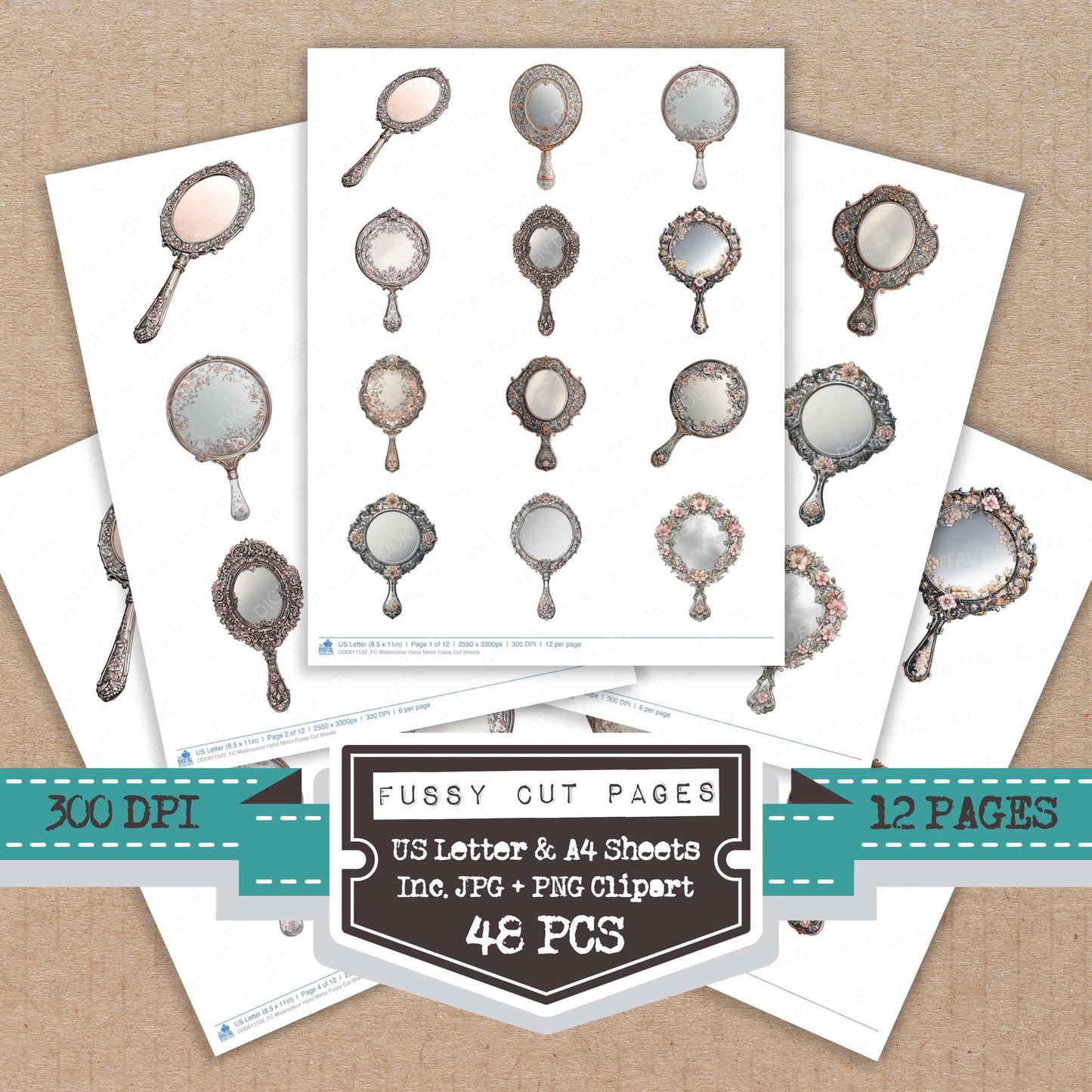 Watercolour Hand Mirror fussy cut printable sheets for junk journaling, scrapbooking, and paper craft projects