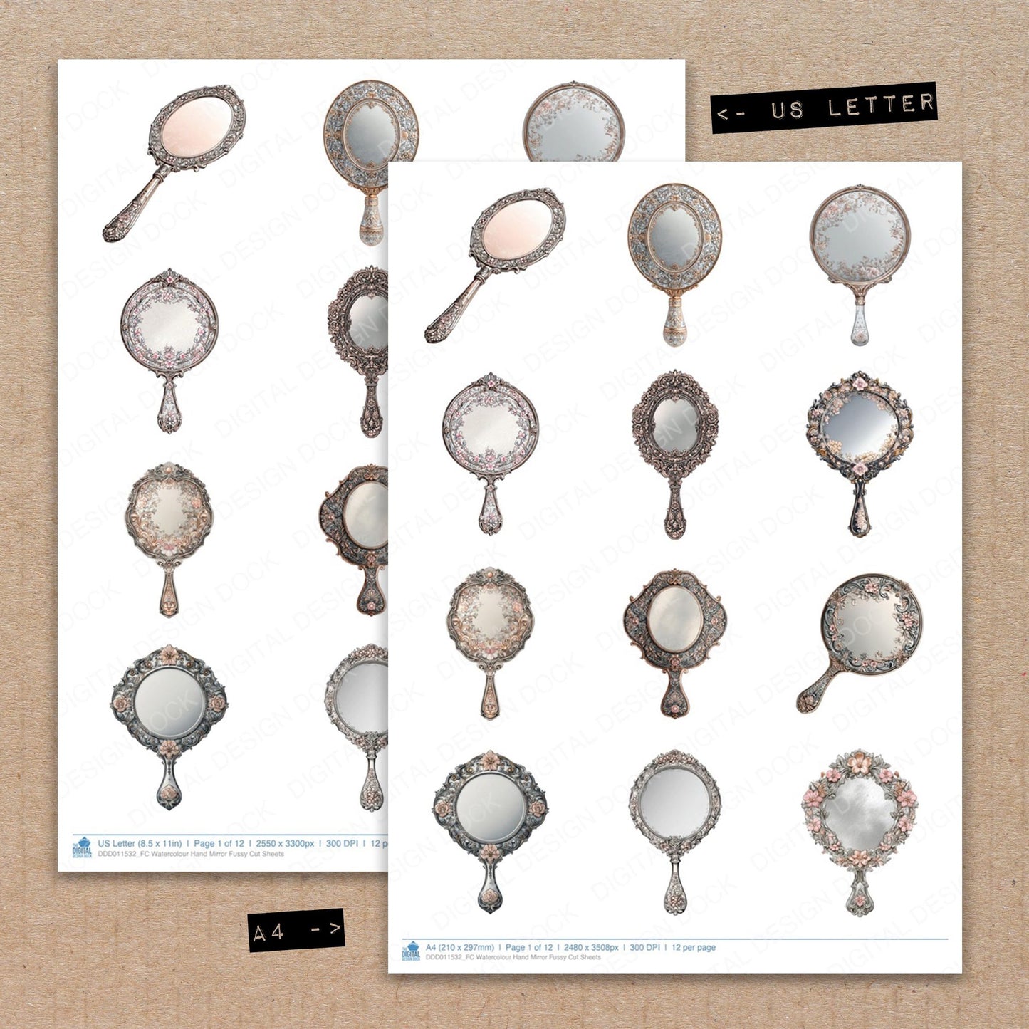 A4 and US Letter format comparison showing Watercolour Hand Mirror fussy cut pages for print and cut crafting