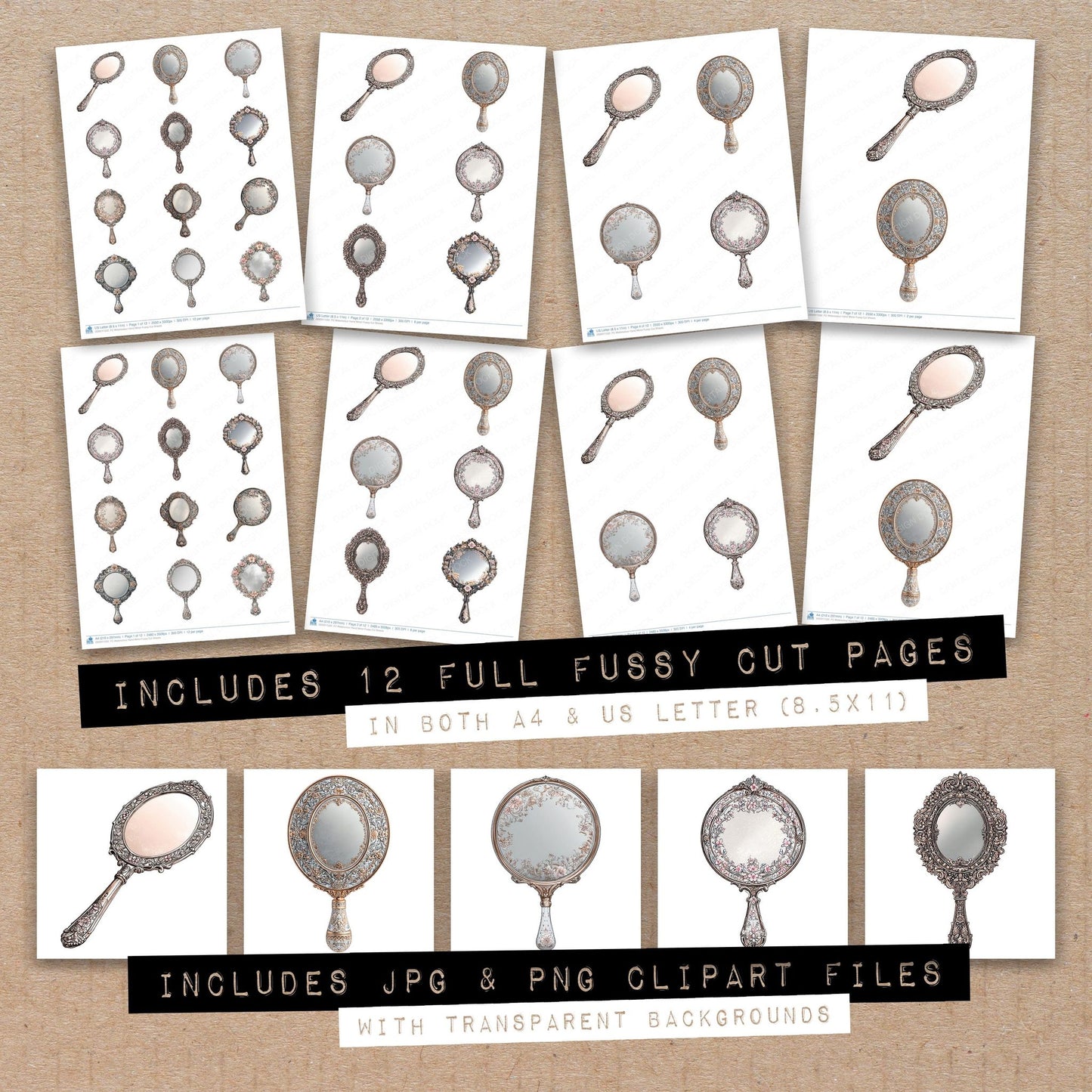 Full collection view of Watercolour Hand Mirror fussy cut sheets with bonus clipart JPG and PNG files