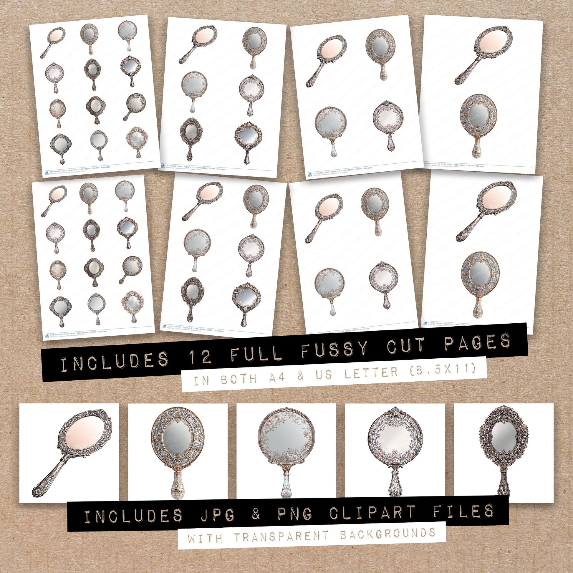 Full collection view of Watercolour Hand Mirror fussy cut sheets with bonus clipart JPG and PNG files