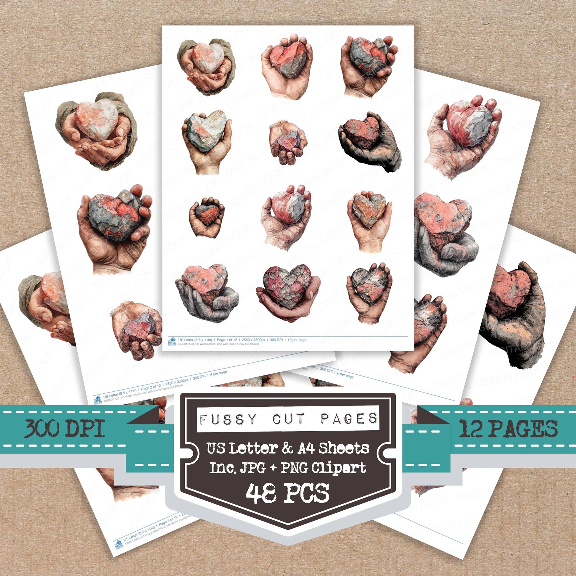 Watercolour Hand with Stone fussy cut printable sheets for junk journaling, scrapbooking, and paper craft projects