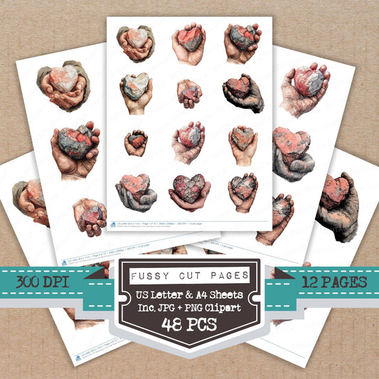 Watercolour Hand with Stone fussy cut printable sheets for junk journaling, scrapbooking, and paper craft projects