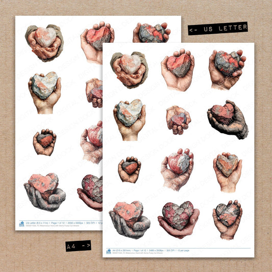 A4 and US Letter format comparison showing Watercolour Hand with Stone fussy cut pages for print and cut crafting