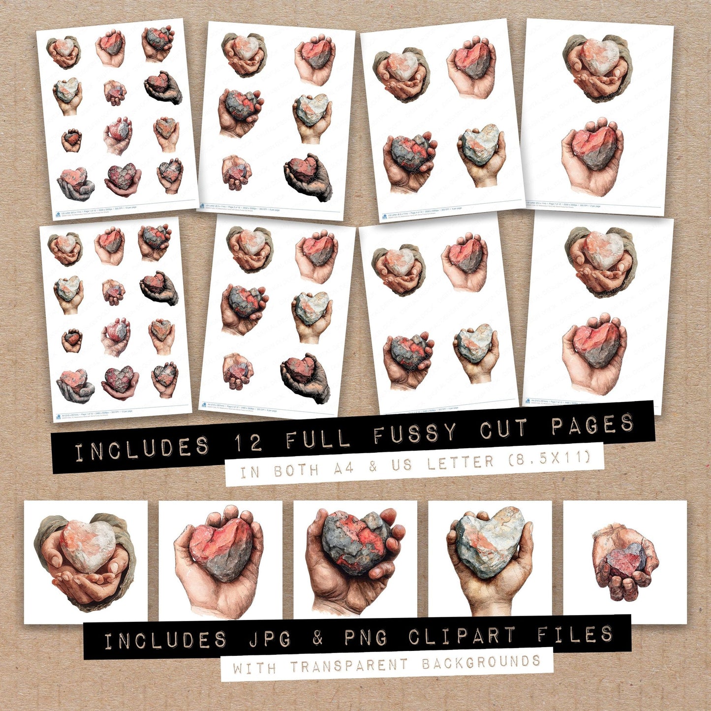 Full collection view of Watercolour Hand with Stone fussy cut sheets with bonus clipart JPG and PNG files