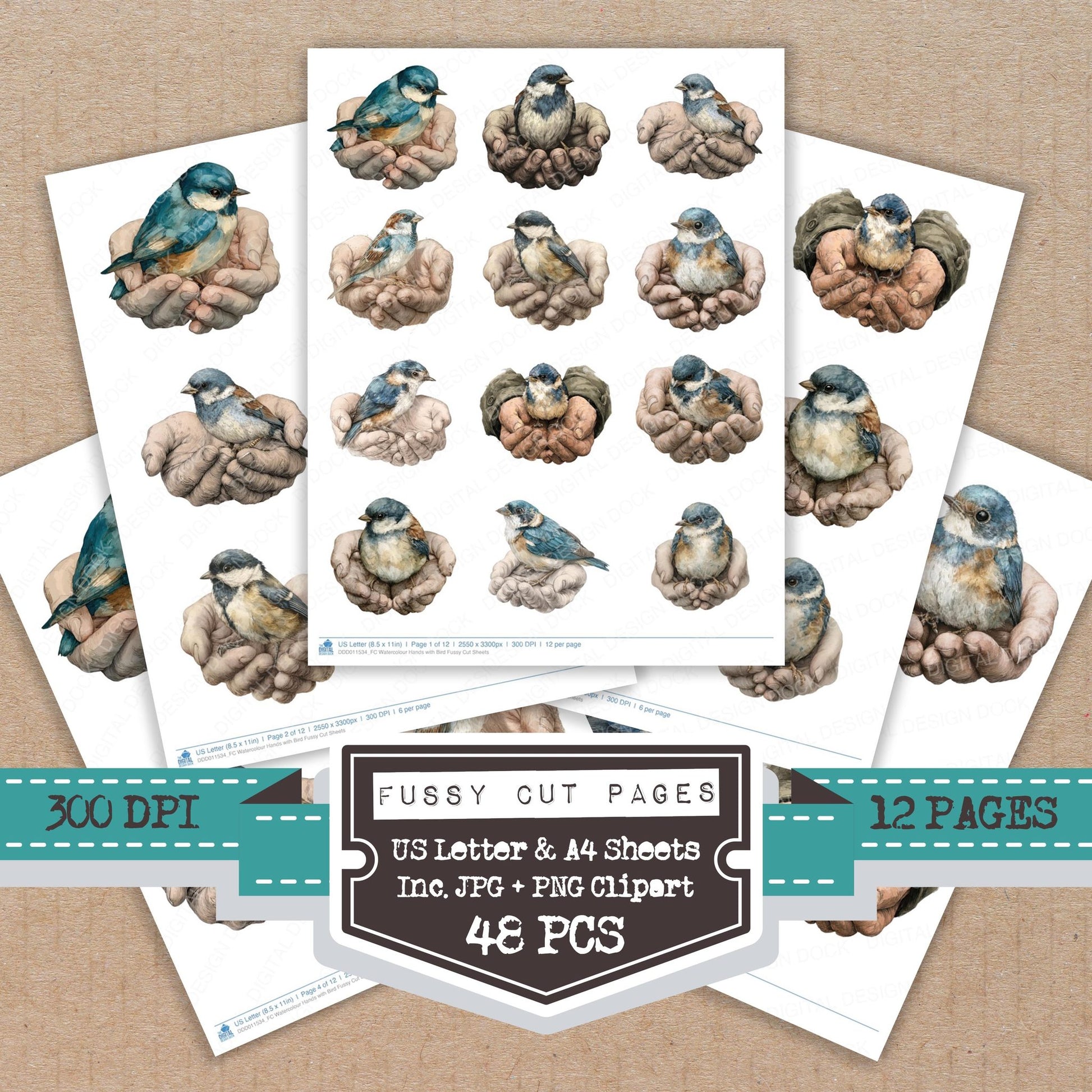 Watercolour Hands with Bird fussy cut printable sheets for junk journaling, scrapbooking, and paper craft projects