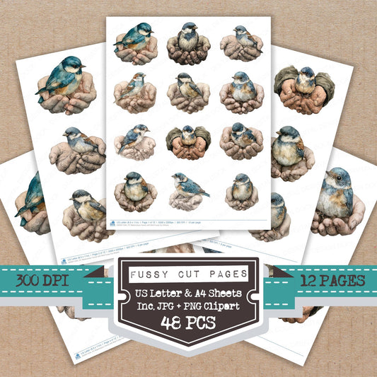 Watercolour Hands with Bird fussy cut printable sheets for junk journaling, scrapbooking, and paper craft projects