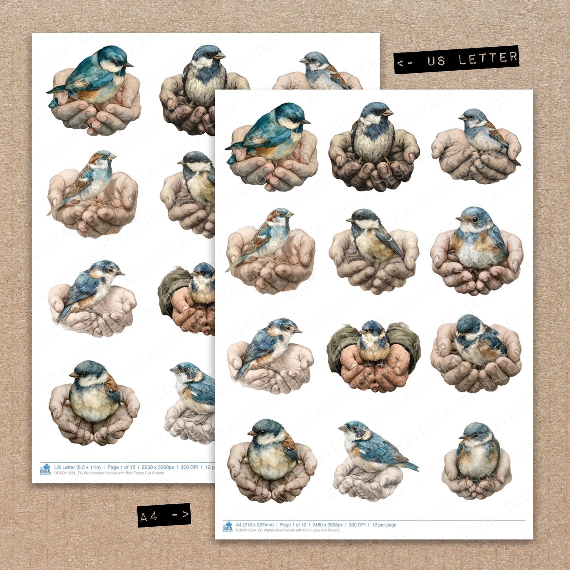 A4 and US Letter format comparison showing Watercolour Hands with Bird fussy cut pages for print and cut crafting