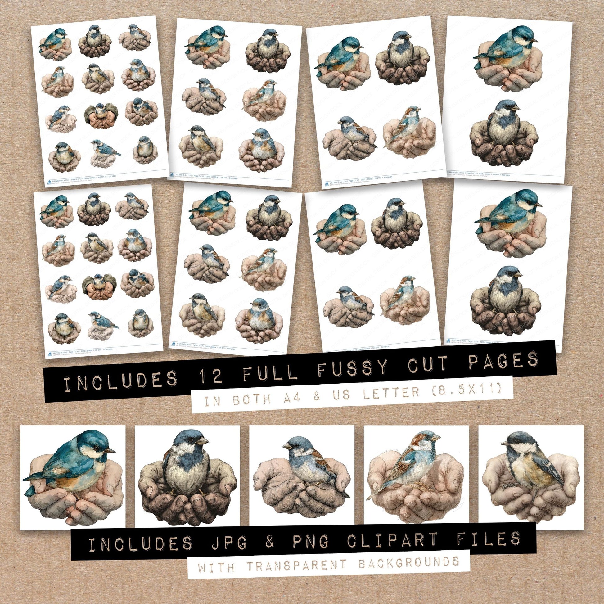 Full collection view of Watercolour Hands with Bird fussy cut sheets with bonus clipart JPG and PNG files