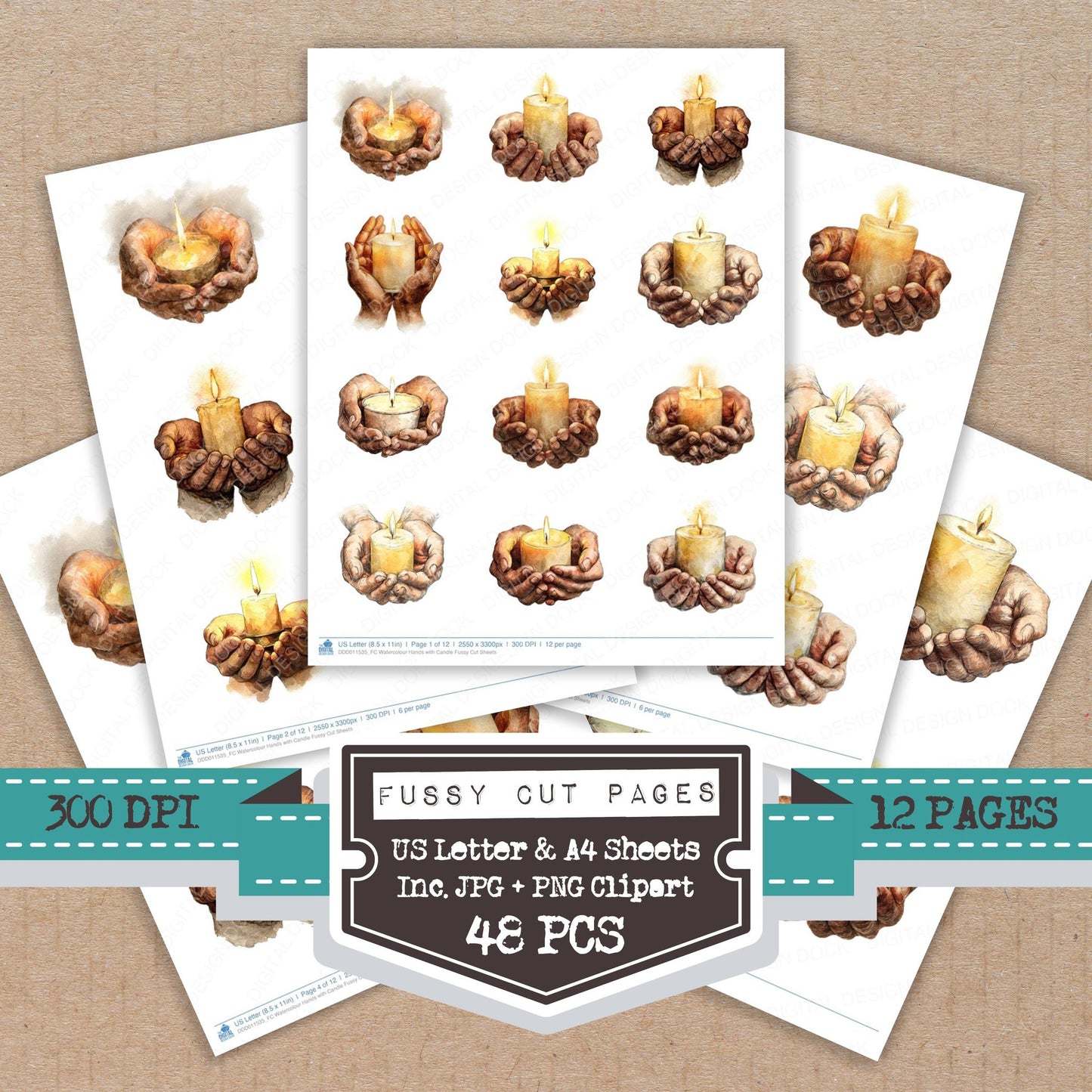 Watercolour Hands with Candle fussy cut printable sheets for junk journaling, scrapbooking, and paper craft projects