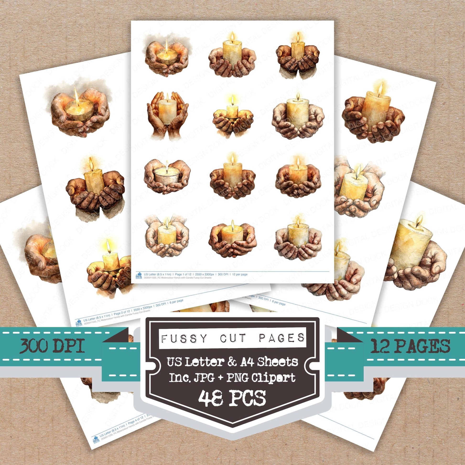 Watercolour Hands with Candle fussy cut printable sheets for junk journaling, scrapbooking, and paper craft projects