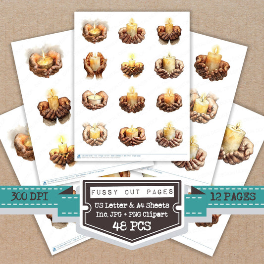 Watercolour Hands with Candle fussy cut printable sheets for junk journaling, scrapbooking, and paper craft projects