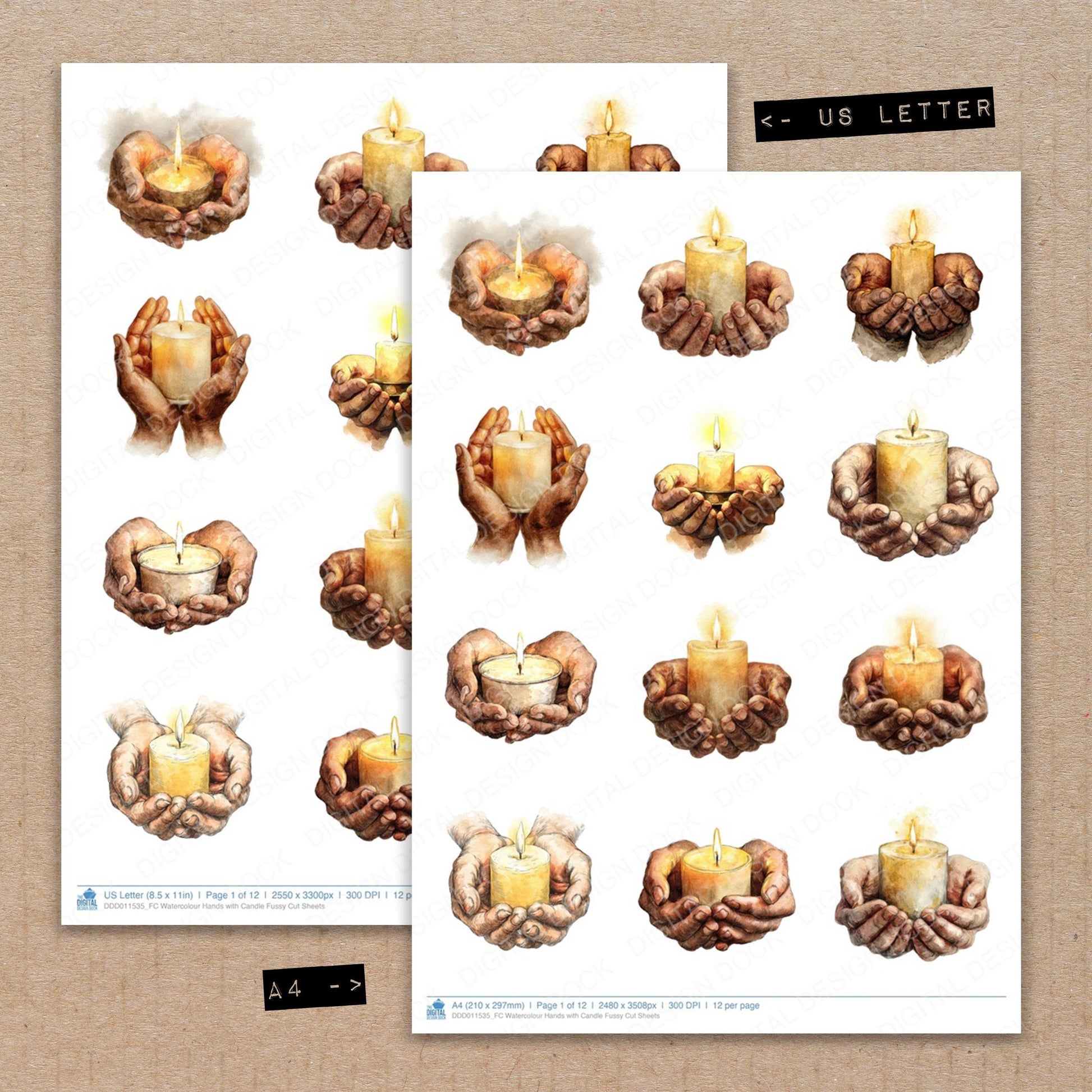 A4 and US Letter format comparison showing Watercolour Hands with Candle fussy cut pages for print and cut crafting
