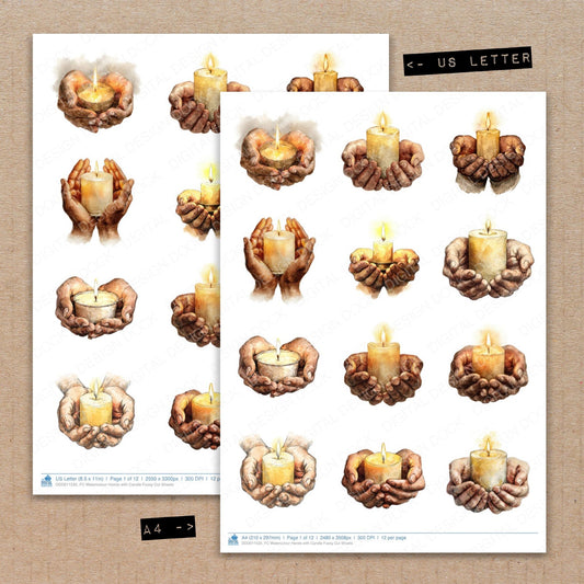 A4 and US Letter format comparison showing Watercolour Hands with Candle fussy cut pages for print and cut crafting