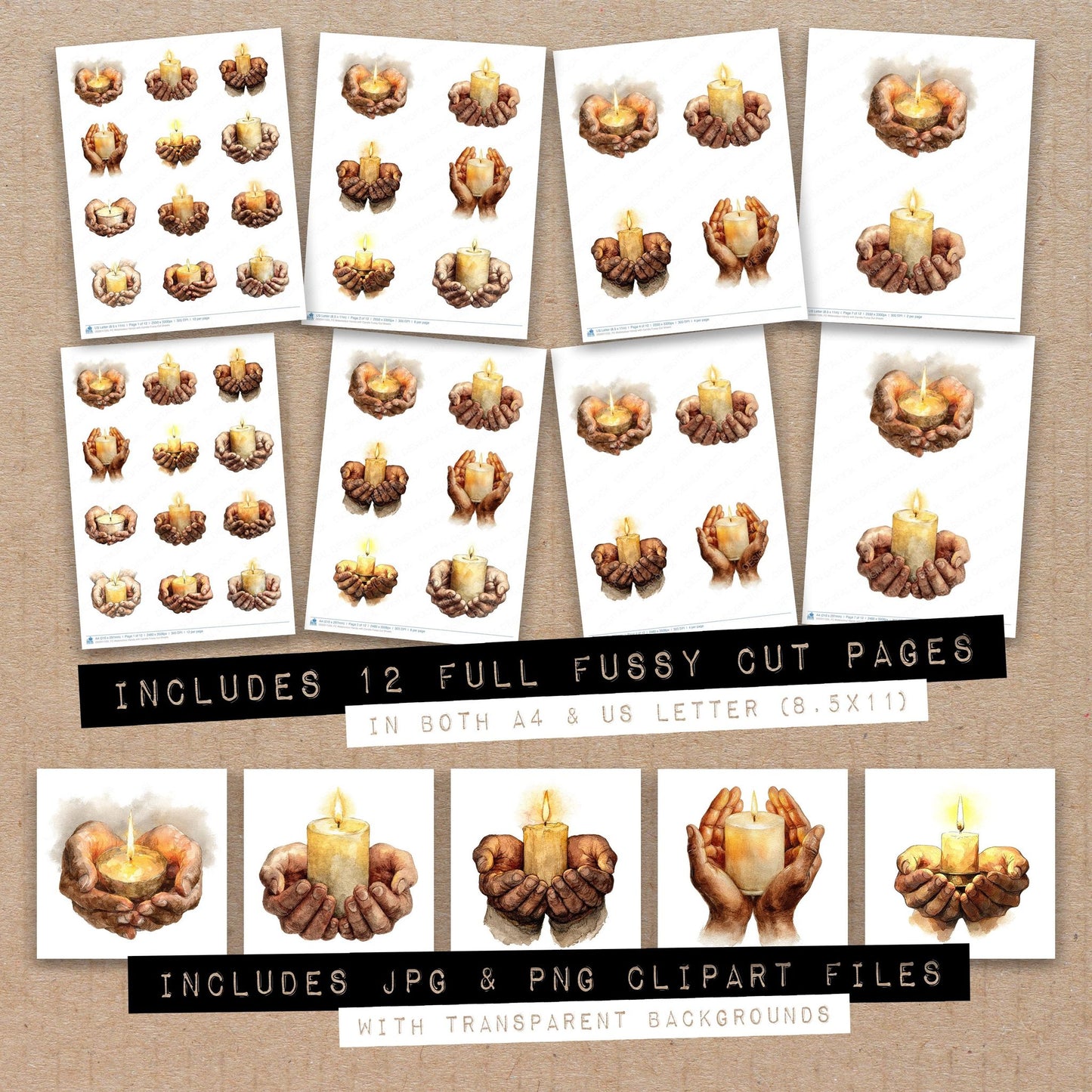 Full collection view of Watercolour Hands with Candle fussy cut sheets with bonus clipart JPG and PNG files