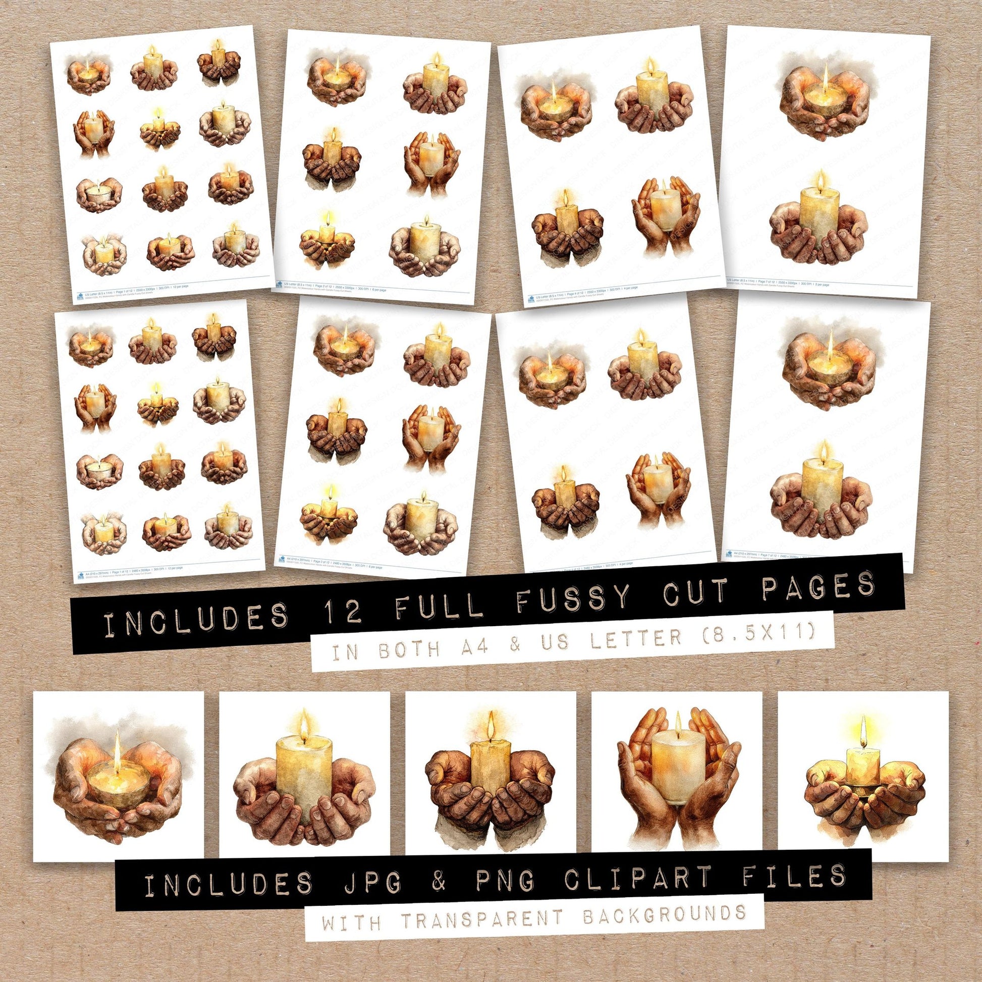 Full collection view of Watercolour Hands with Candle fussy cut sheets with bonus clipart JPG and PNG files