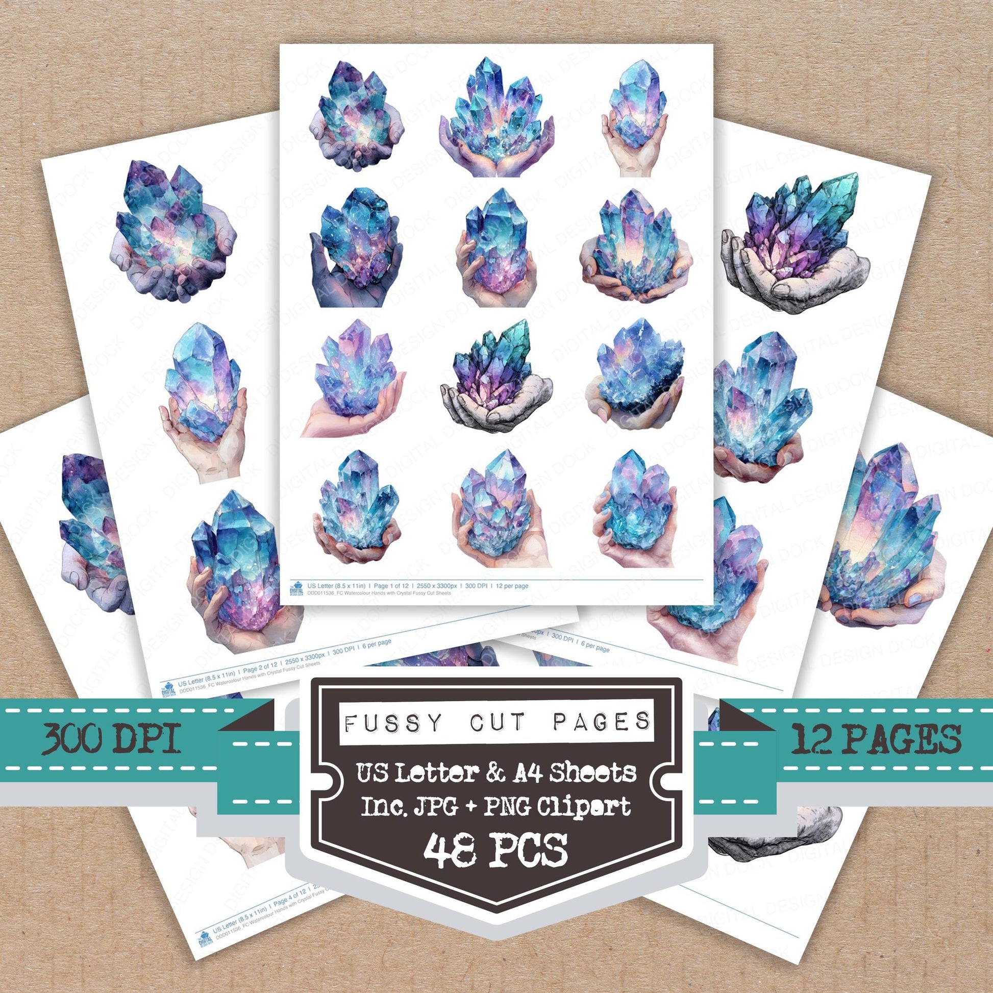 Watercolour Hands with Crystal fussy cut printable sheets for junk journaling, scrapbooking, and paper craft projects