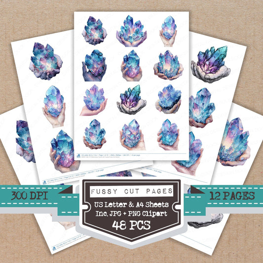 Watercolour Hands with Crystal fussy cut printable sheets for junk journaling, scrapbooking, and paper craft projects