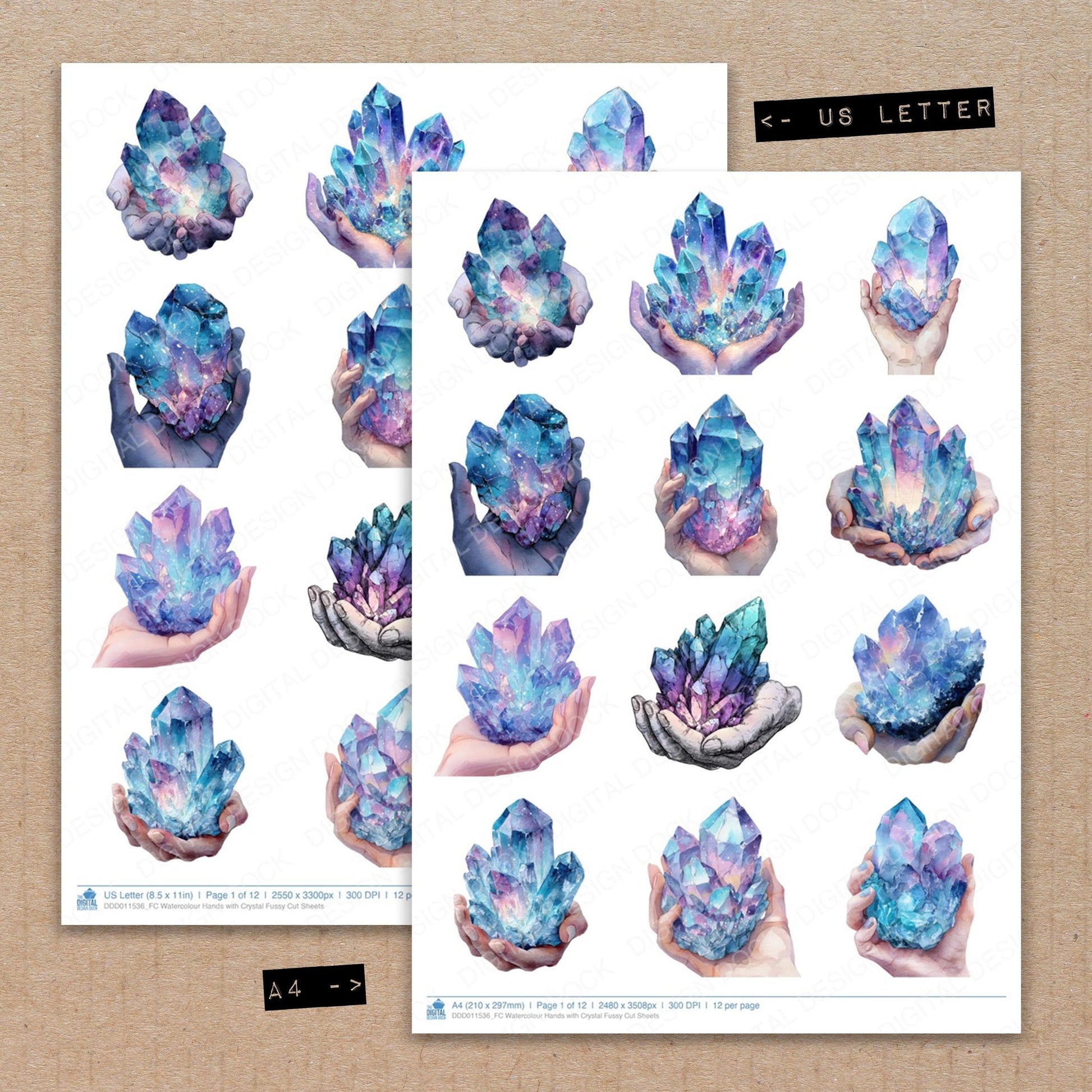 A4 and US Letter format comparison showing Watercolour Hands with Crystal fussy cut pages for print and cut crafting