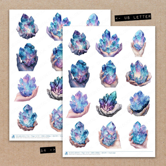 A4 and US Letter format comparison showing Watercolour Hands with Crystal fussy cut pages for print and cut crafting