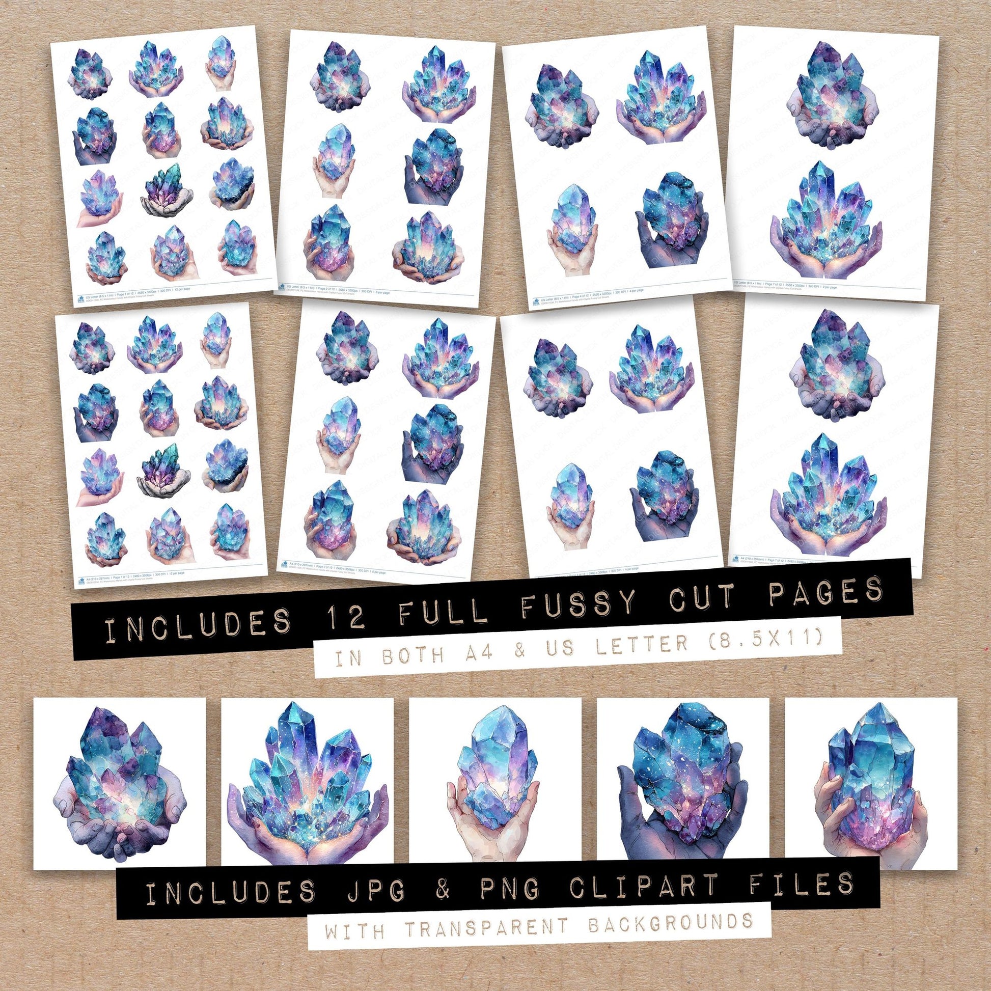 Full collection view of Watercolour Hands with Crystal fussy cut sheets with bonus clipart JPG and PNG files