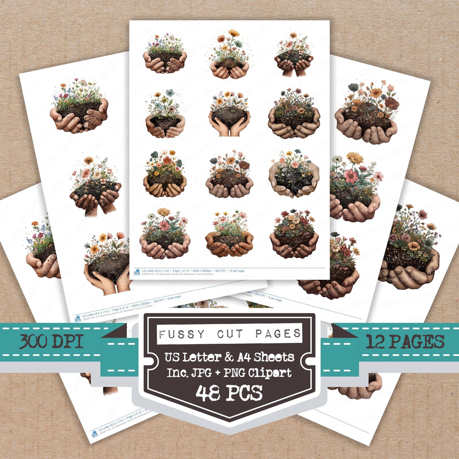 Watercolour Hands with Wildflowers fussy cut printable sheets for junk journaling, scrapbooking, and paper craft projects