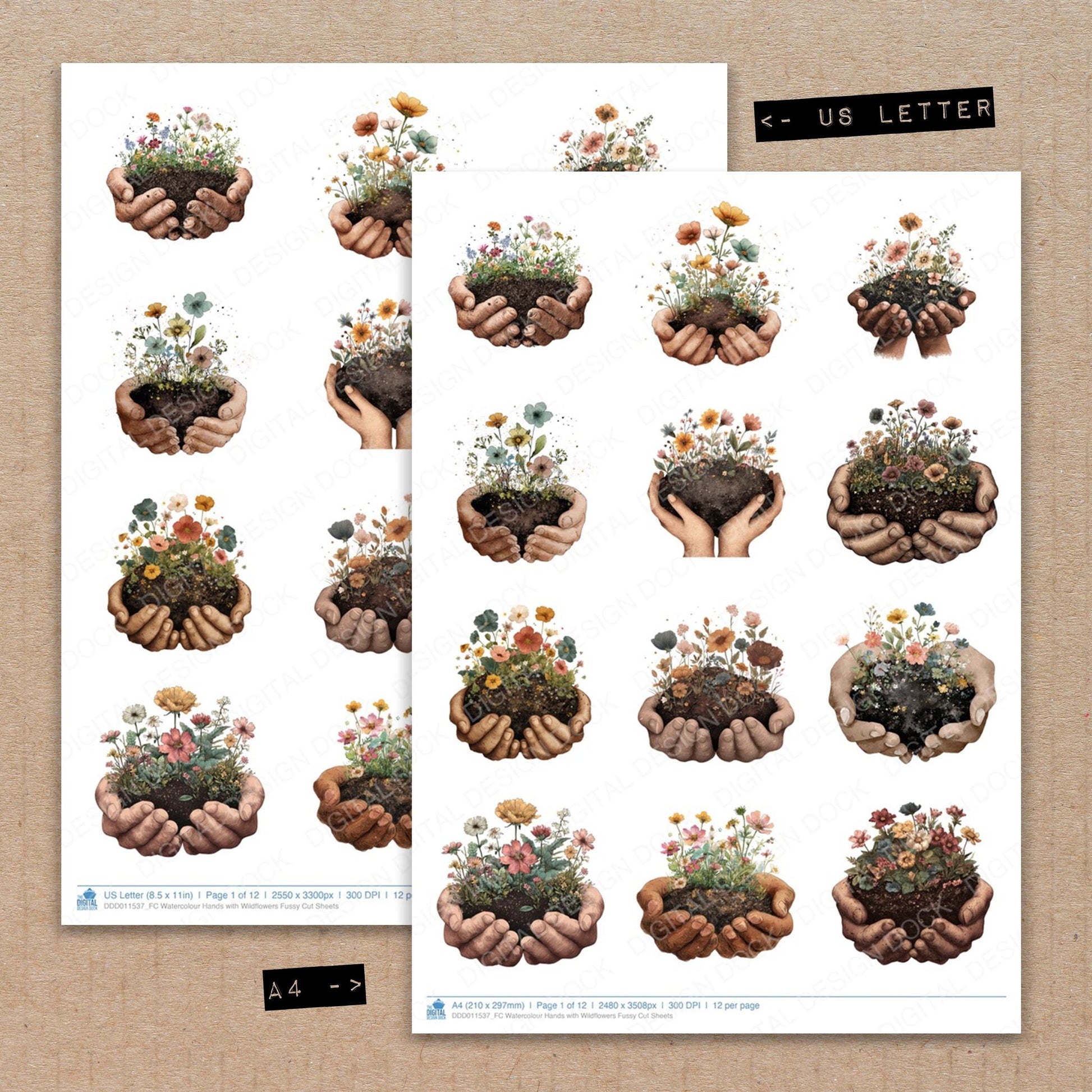 A4 and US Letter format comparison showing Watercolour Hands with Wildflowers fussy cut pages for print and cut crafting