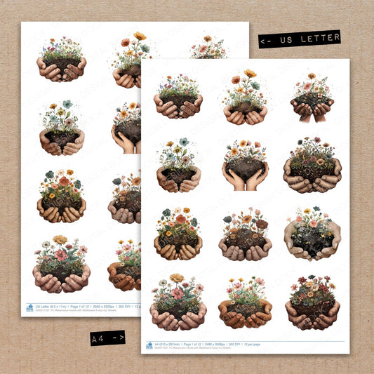 A4 and US Letter format comparison showing Watercolour Hands with Wildflowers fussy cut pages for print and cut crafting