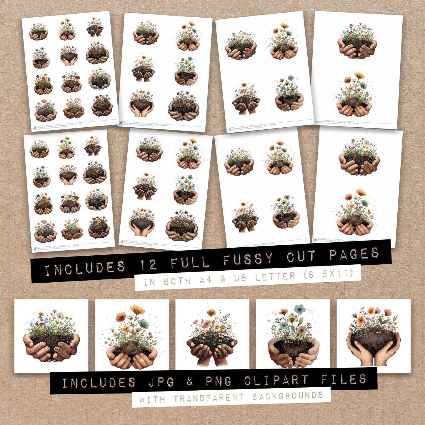 Full collection view of Watercolour Hands with Wildflowers fussy cut sheets with bonus clipart JPG and PNG files