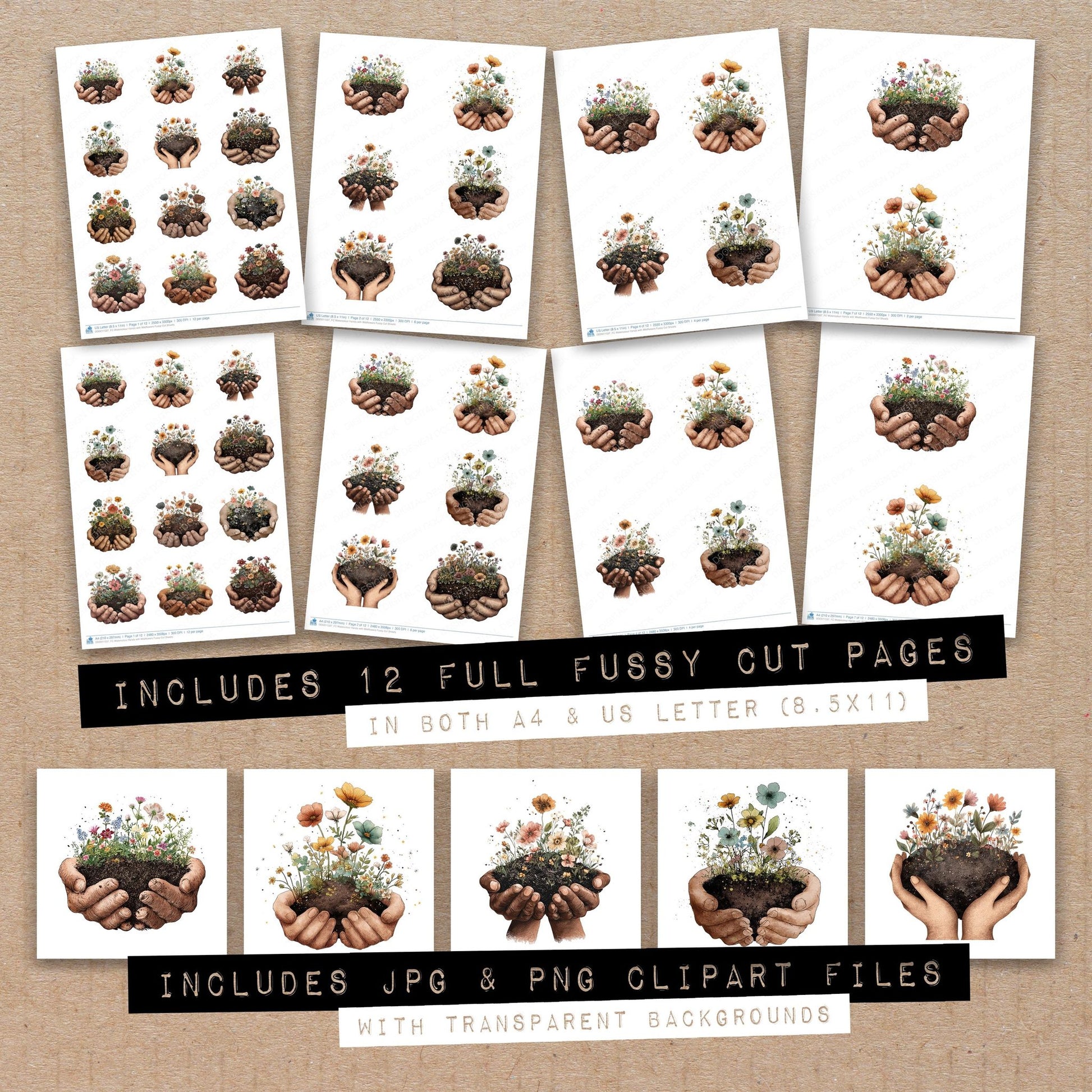 Full collection view of Watercolour Hands with Wildflowers fussy cut sheets with bonus clipart JPG and PNG files