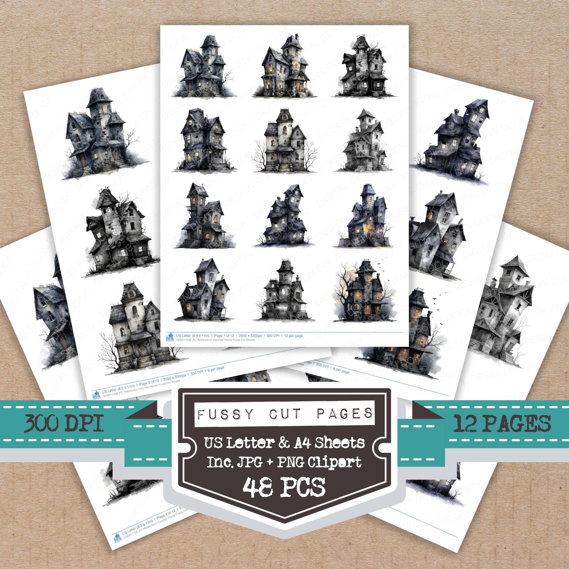 Watercolour Haunted House fussy cut printable sheets for junk journaling, scrapbooking, and paper craft projects